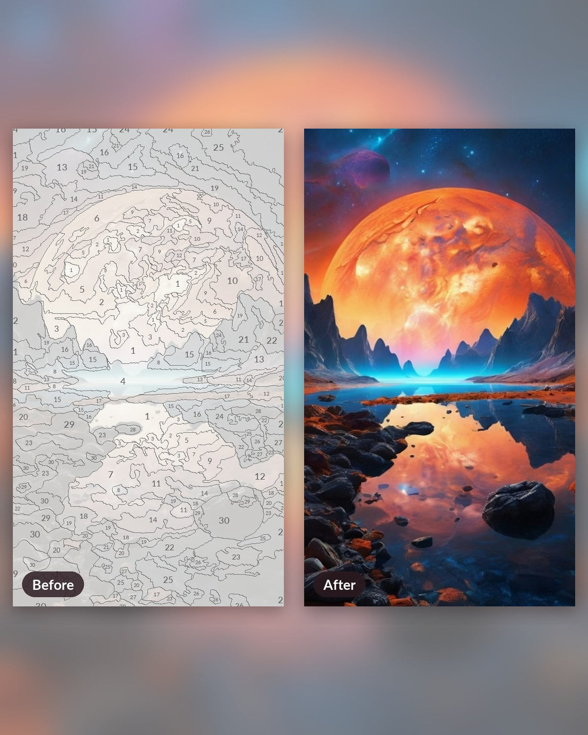 Deep Space Glow paint by numbers kit, before and after