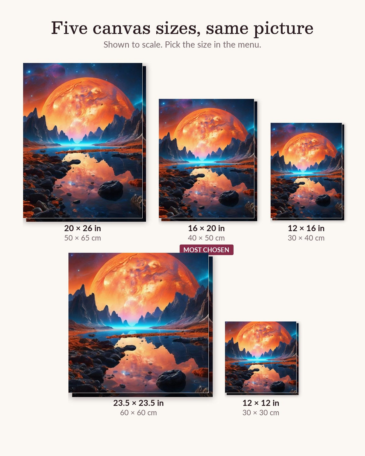 Deep Space Glow canvas sizes from 12 x 12 to 23.5 x 23.5 inches