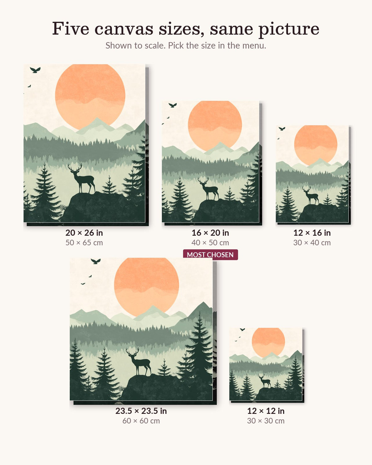 Elk Grove canvas sizes from 12 x 12 to 23.5 x 23.5 inches