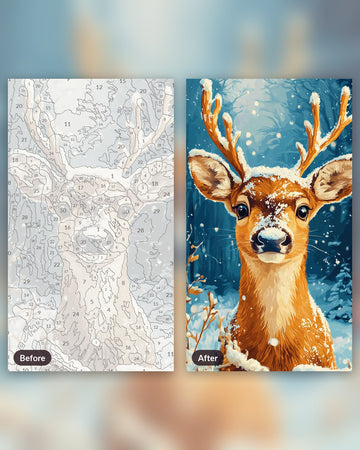 Deer in Snow paint by numbers kit, before and after