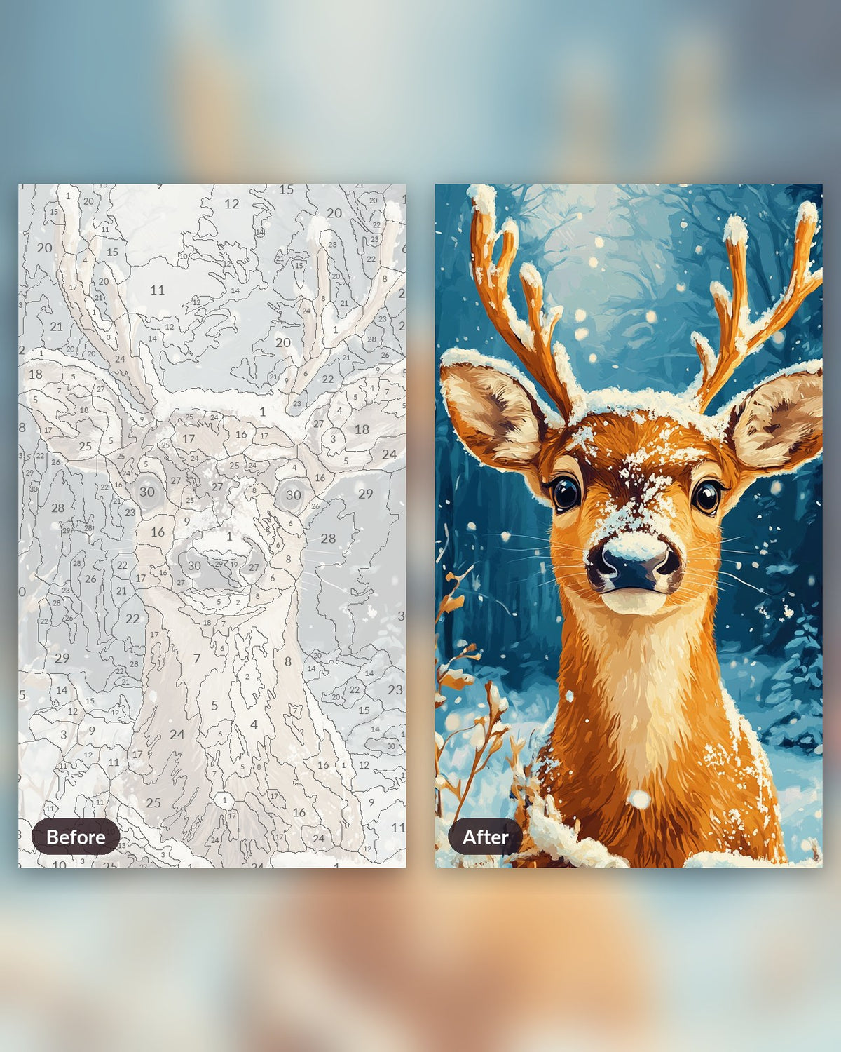 Deer in Snow paint by numbers kit, before and after