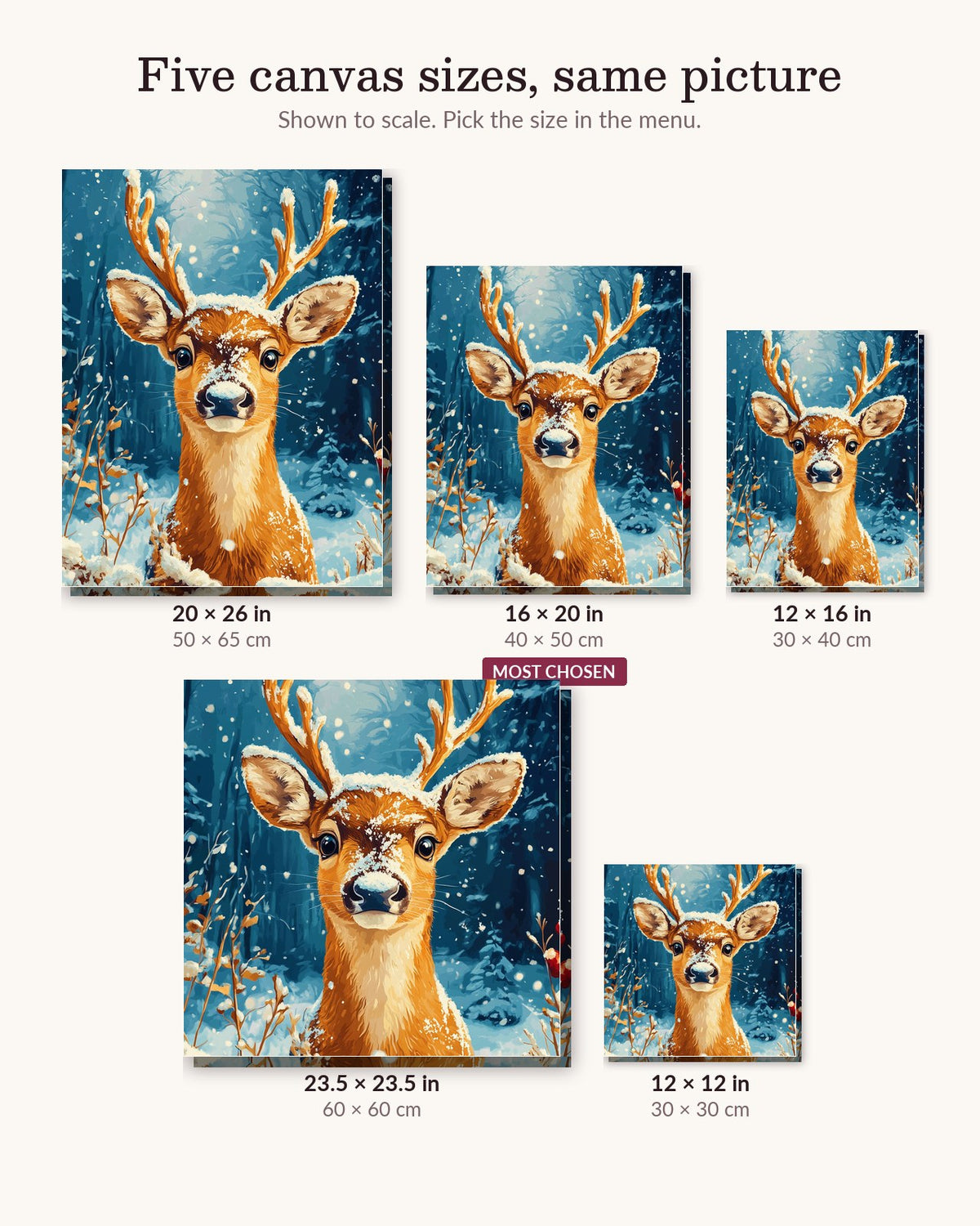 Deer in Snow canvas sizes from 12 x 12 to 23.5 x 23.5 inches