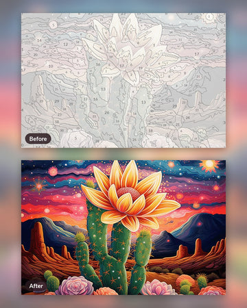 Desert Bloom paint by numbers kit, before and after