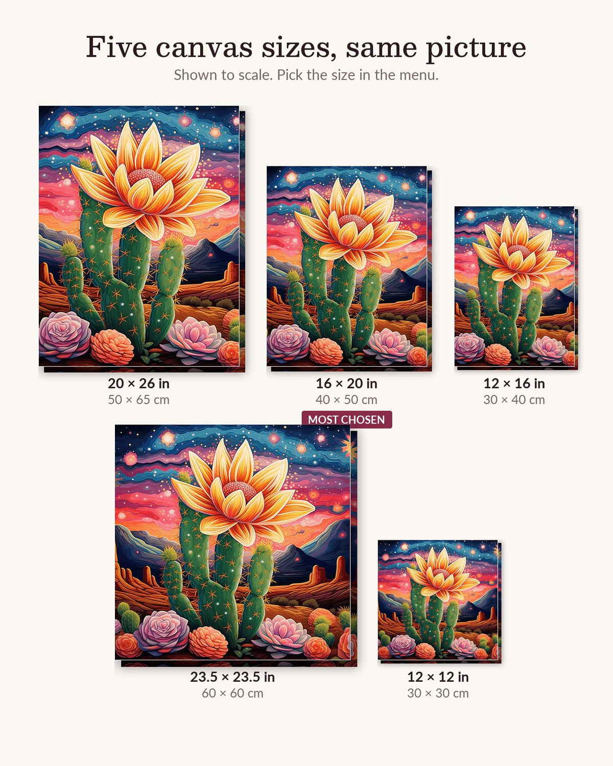 Desert Bloom canvas sizes from 12 x 12 to 23.5 x 23.5 inches
