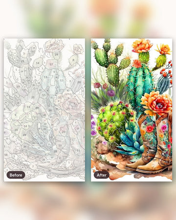 Desert Cactus and Cowboy Boots paint by numbers kit, before and after