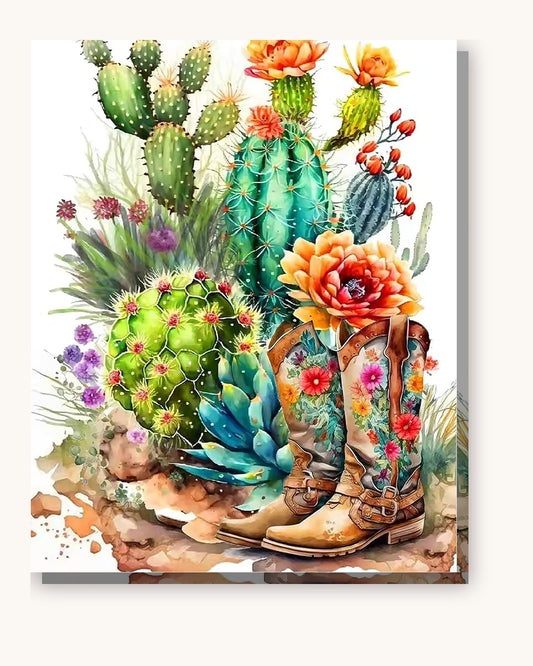 Desert Cactus and Cowboy Boots paint by numbers kit on stretched canvas