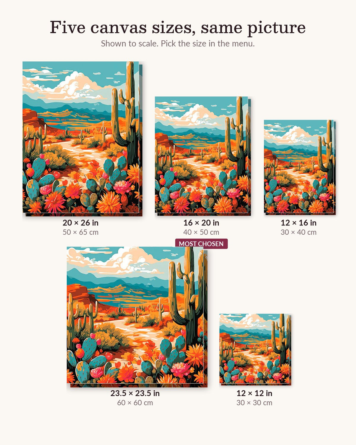 Desert Flora Hues canvas sizes from 12 x 12 to 23.5 x 23.5 inches