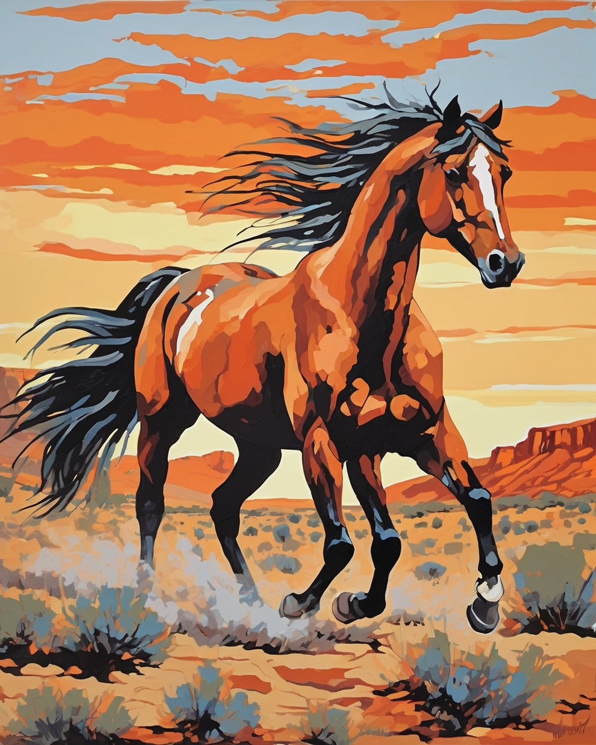 Desert Gallop paint by numbers kit, brown horse with white blaze galloping past a red mesa under an orange sunset sky