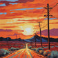 empty desert road with power poles, sage bushes and dark mountains under an orange sunset sky, paint by numbers kit
