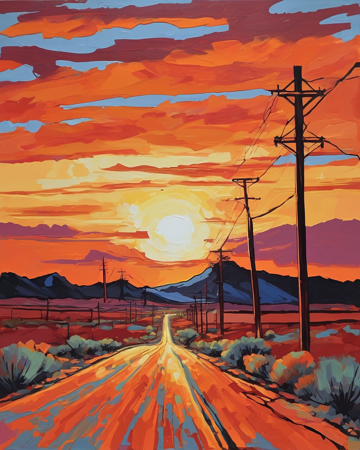 empty desert road with power poles, sage bushes and dark mountains under an orange sunset sky, paint by numbers kit