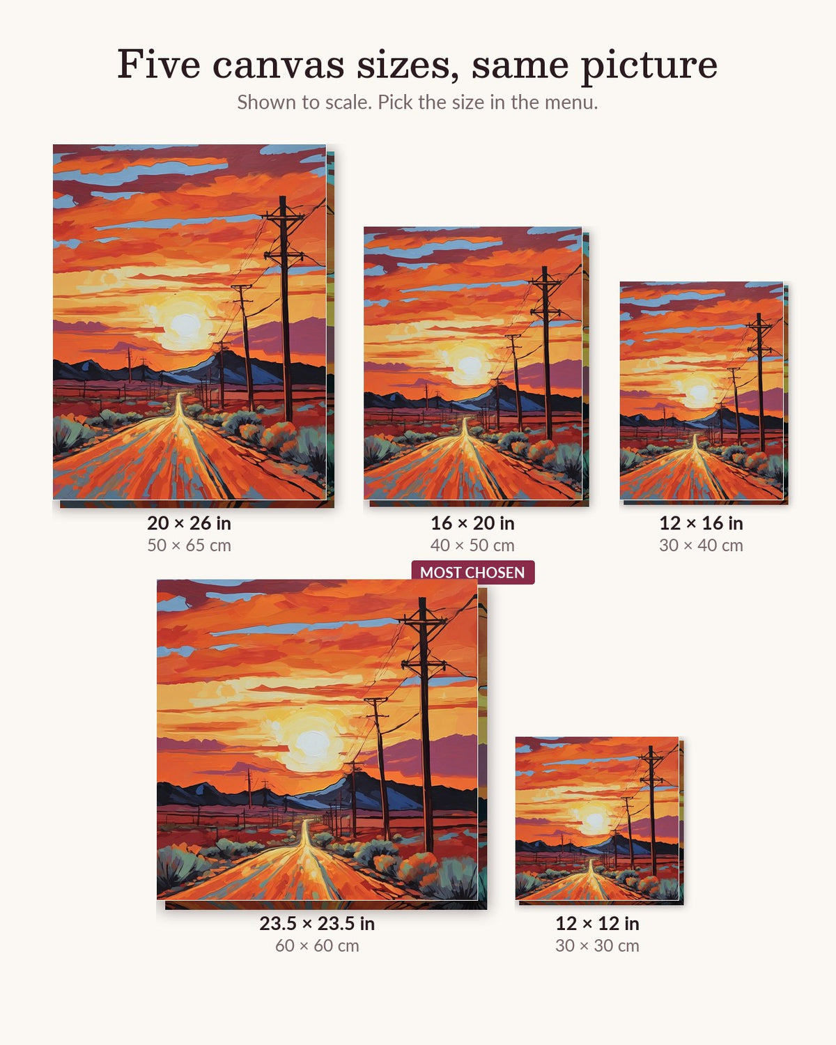 Desert Highway at Sunset canvas sizes from 12 x 12 to 23.5 x 23.5 inches