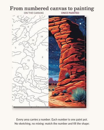 Desert Stone Arch under the Stars numbered canvas next to the finished painting