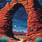 red sandstone arch framing a starry night sky with a sandy trail and desert plants, paint by numbers kit