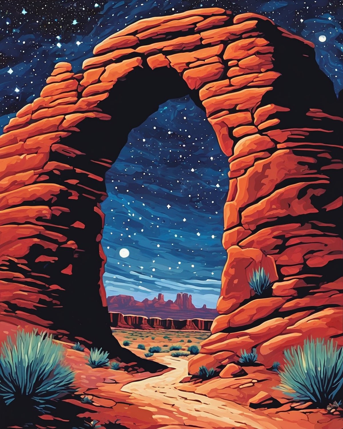 red sandstone arch framing a starry night sky with a sandy trail and desert plants, paint by numbers kit