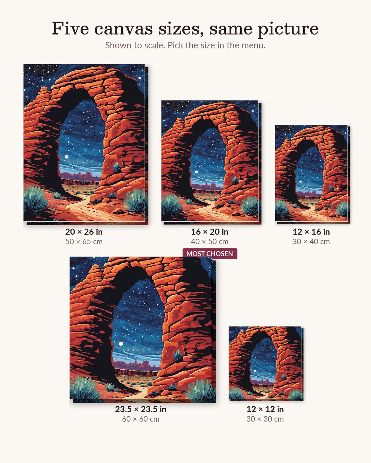 Desert Stone Arch under the Stars canvas sizes from 12 x 12 to 23.5 x 23.5 inches