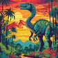 green dinosaur among palm trees and ferns with a volcano and orange sunset, paint by numbers kit