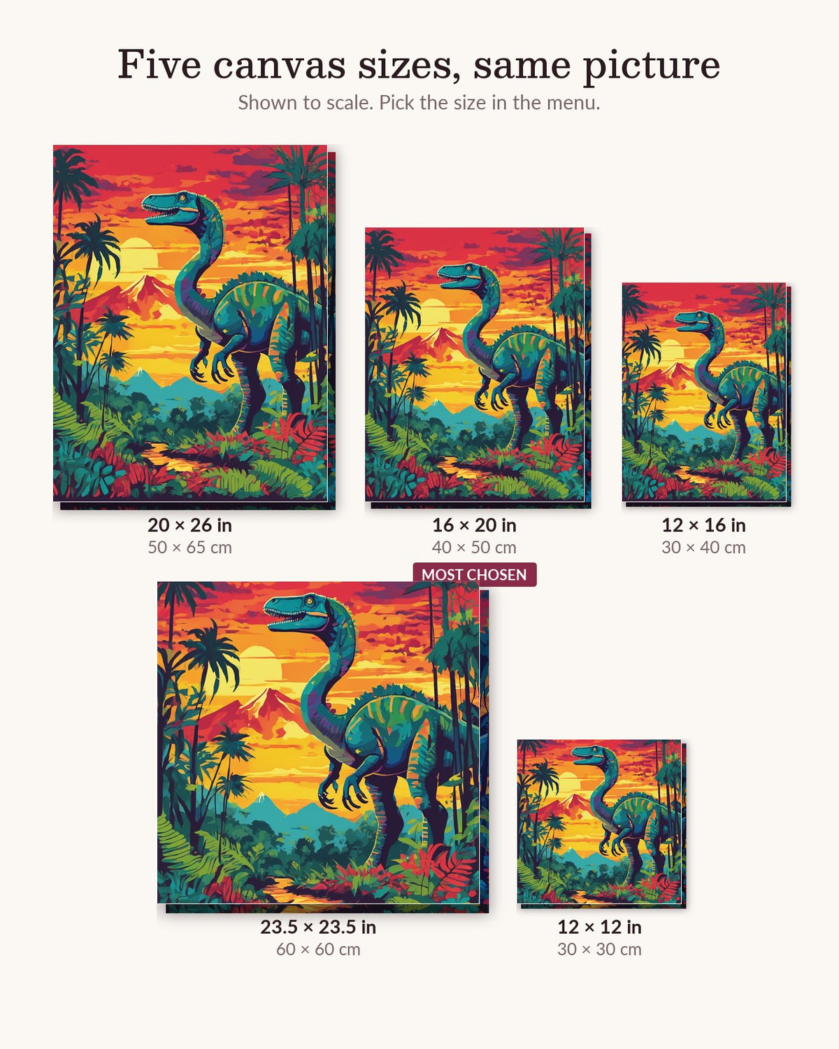 Dinosaur in the Prehistoric Jungle canvas sizes from 12 x 12 to 23.5 x 23.5 inches