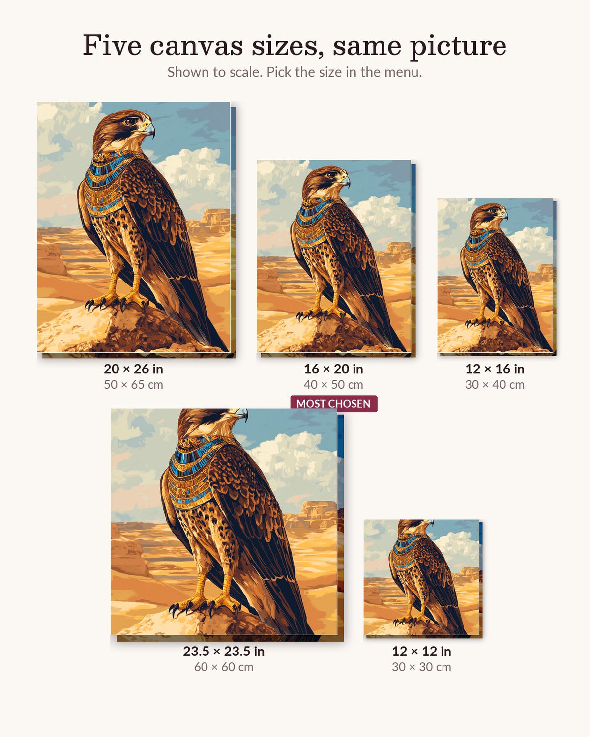 Divine Falcon Horus canvas sizes from 12 x 12 to 23.5 x 23.5 inches