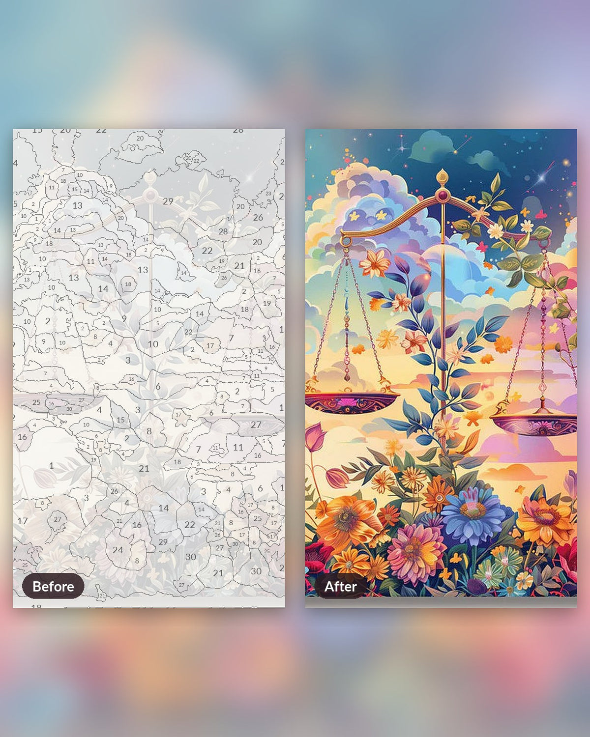 Divine Libra paint by numbers kit, before and after