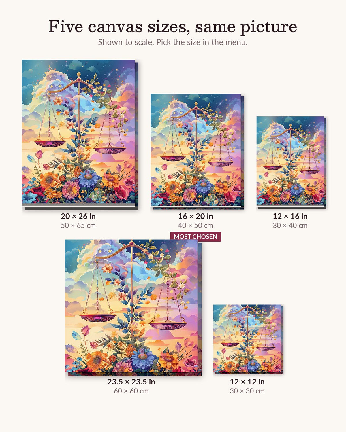 Divine Libra canvas sizes from 12 x 12 to 23.5 x 23.5 inches