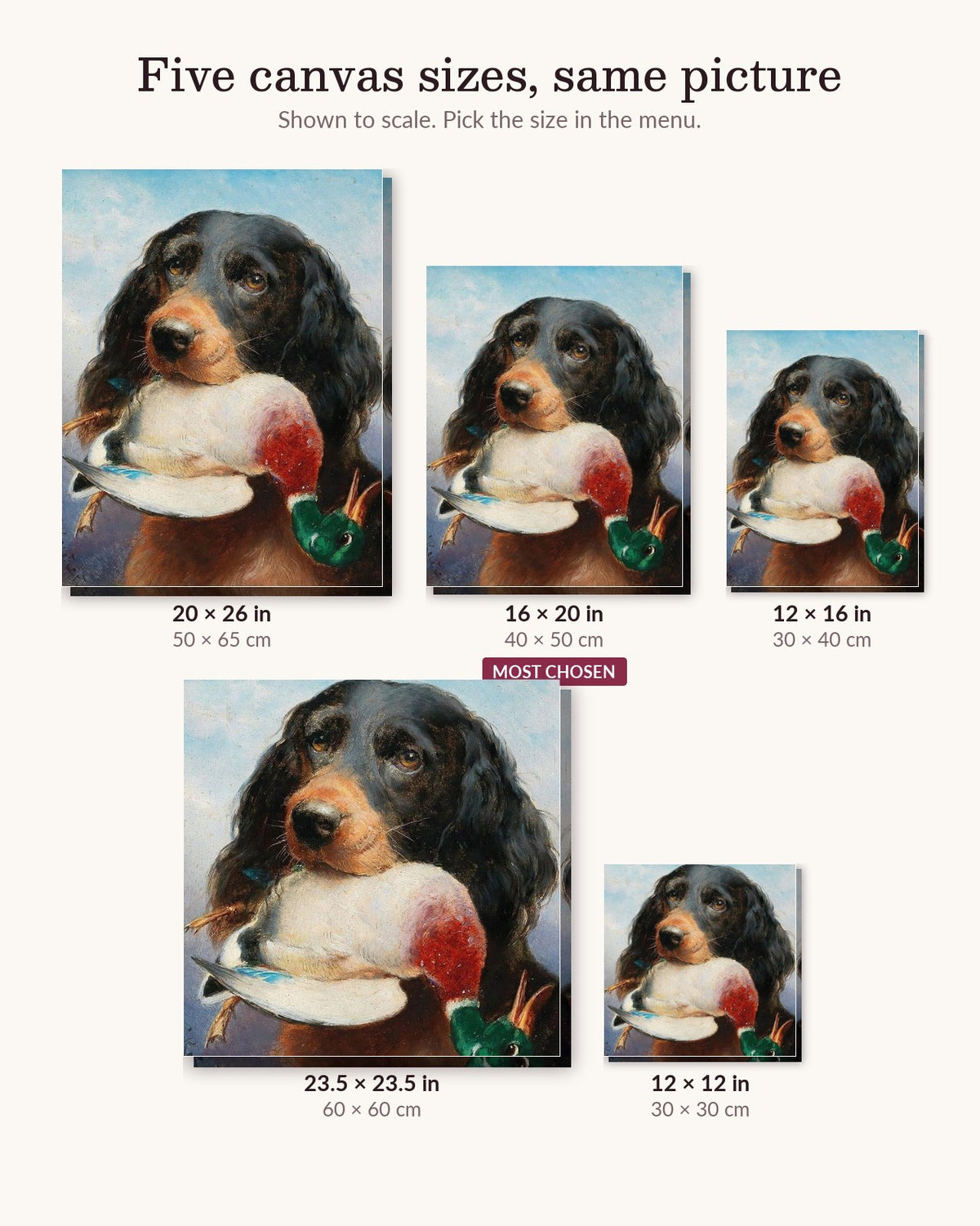 Dog and Prey canvas sizes from 12 x 12 to 23.5 x 23.5 inches