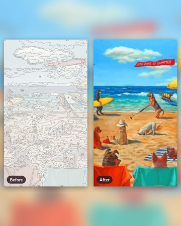 Dogs Walking Around paint by numbers kit, before and after