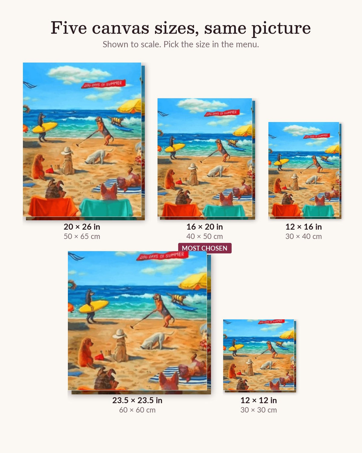 Dogs Walking Around canvas sizes from 12 x 12 to 23.5 x 23.5 inches