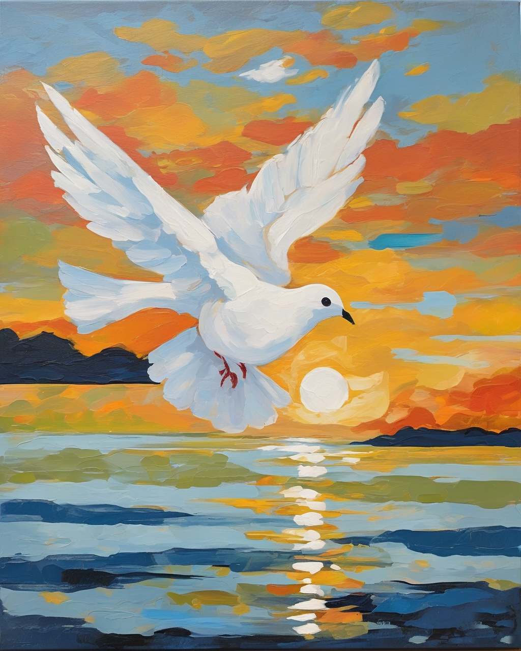 Paint by numbers canvas of a white dove in flight over calm water, wings spread against a golden dawn sky