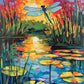 blue dragonfly over a pond with tall reeds, lily pads and an orange sunset reflected in the water, paint by numbers kit