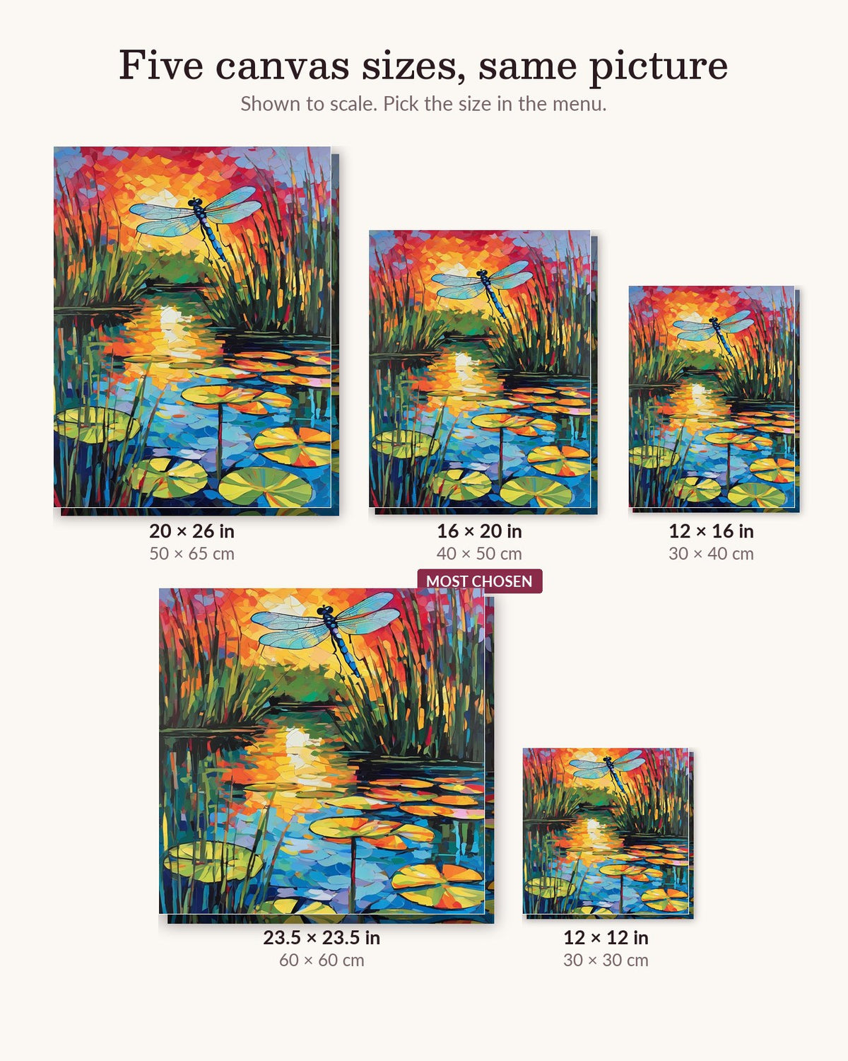 Dragonfly Over the Sunset Pond canvas sizes from 12 x 12 to 23.5 x 23.5 inches