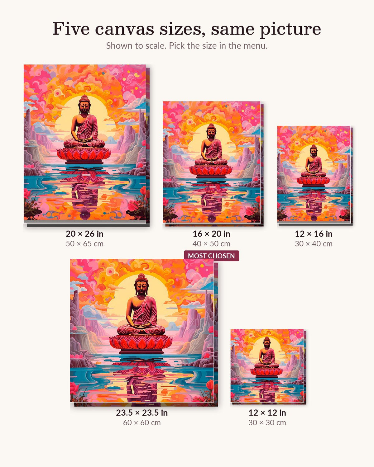 Buddha's Reverie canvas sizes from 12 x 12 to 23.5 x 23.5 inches