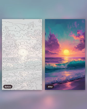 Dreamlike Dusk paint by numbers kit, before and after
