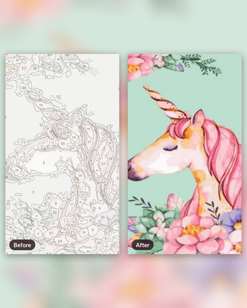 Dreamy Floral Unicorn paint by numbers kit, before and after