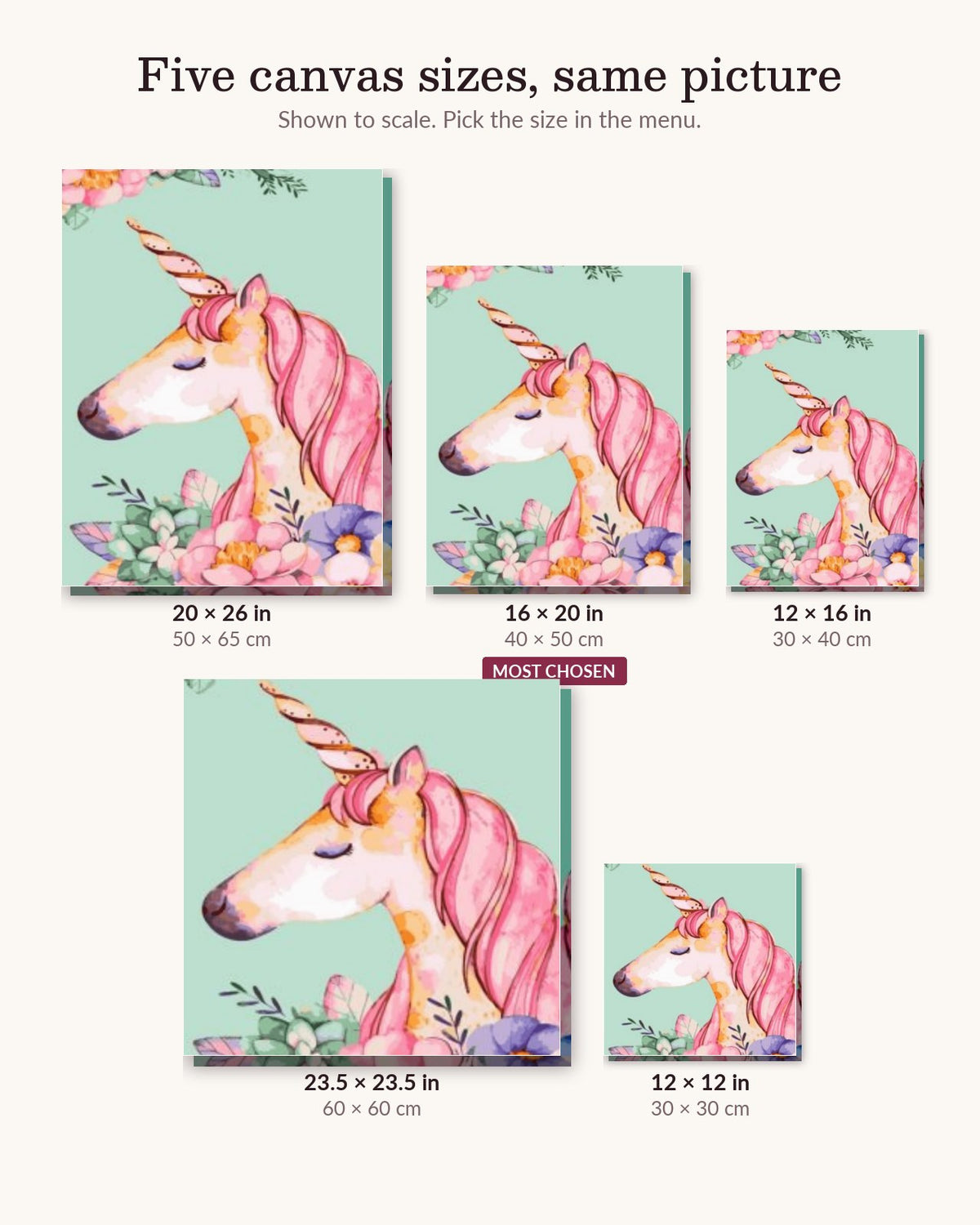 Dreamy Floral Unicorn canvas sizes from 12 x 12 to 23.5 x 23.5 inches