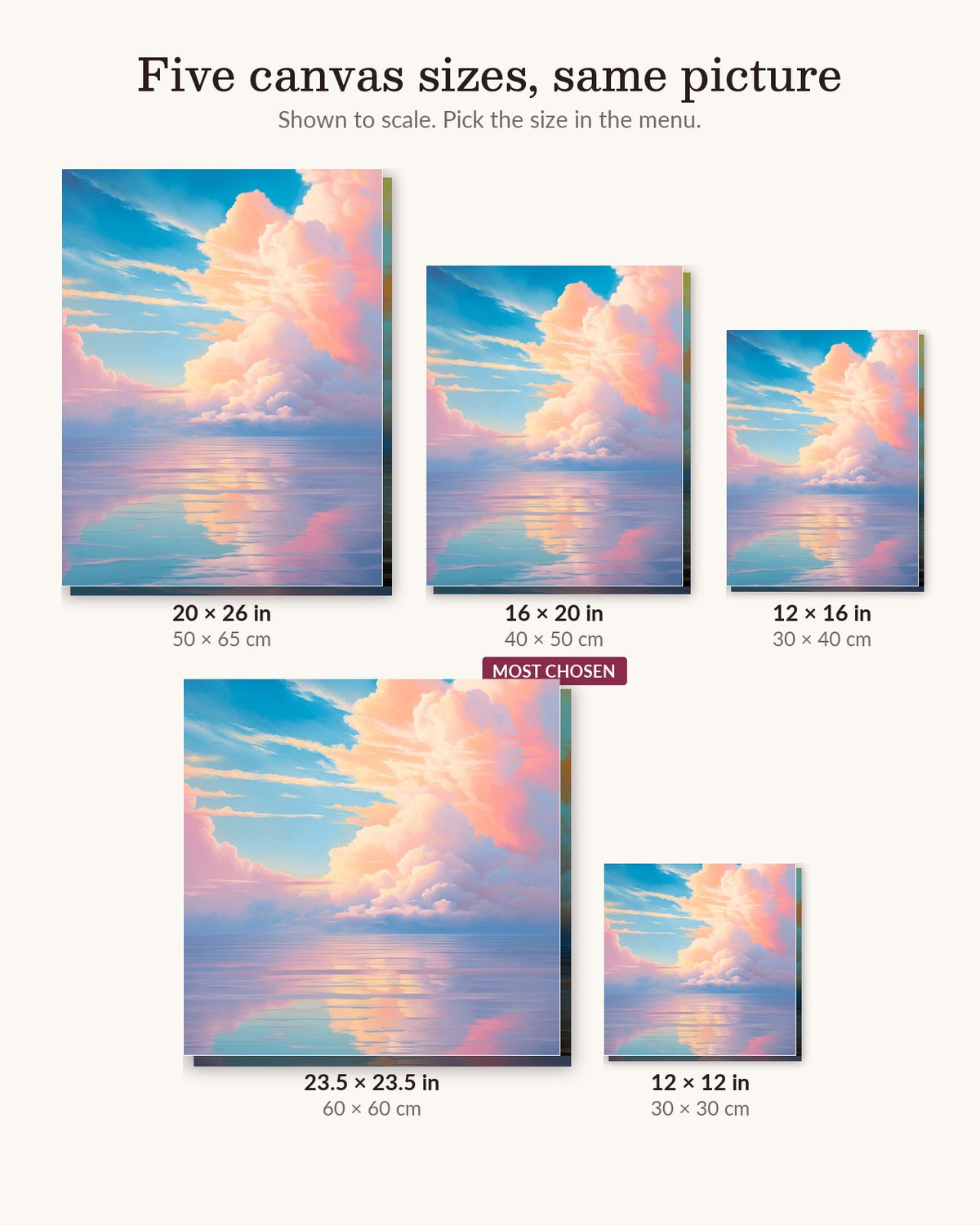 Dreamy Pastel Clouds canvas sizes from 12 x 12 to 23.5 x 23.5 inches