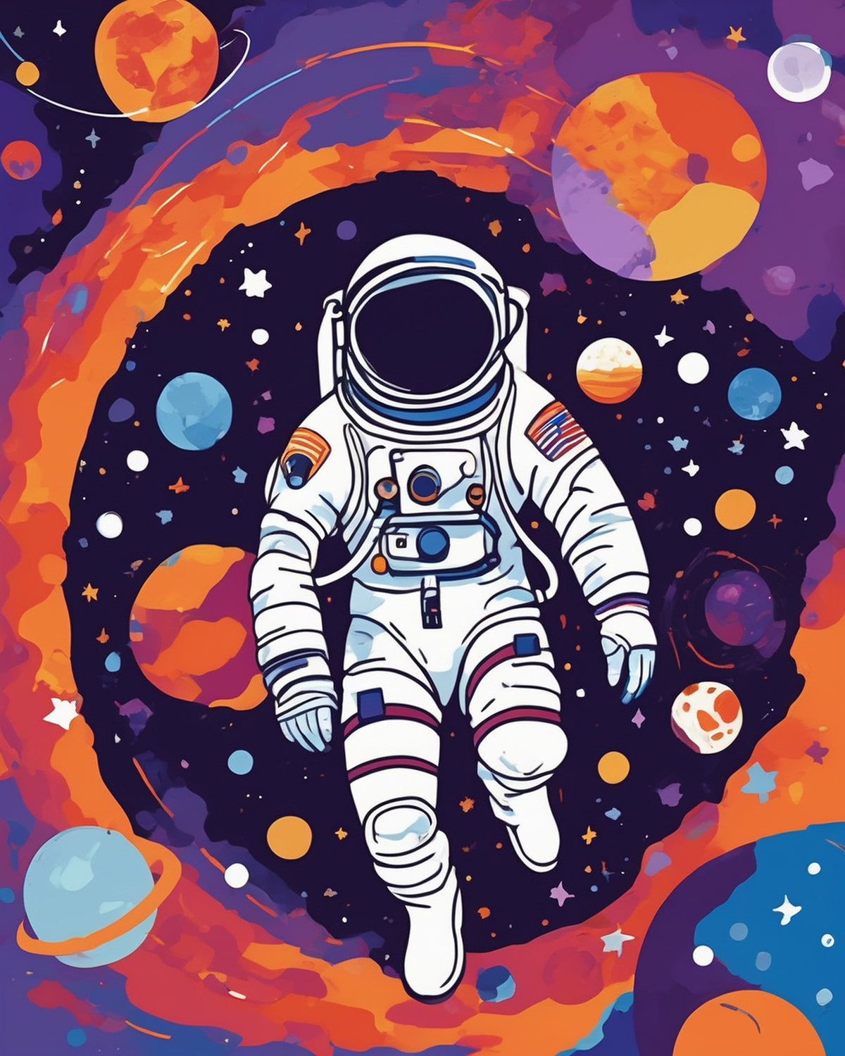 Drifting Astronaut paint by numbers kit, astronaut floating in space among colorful planets