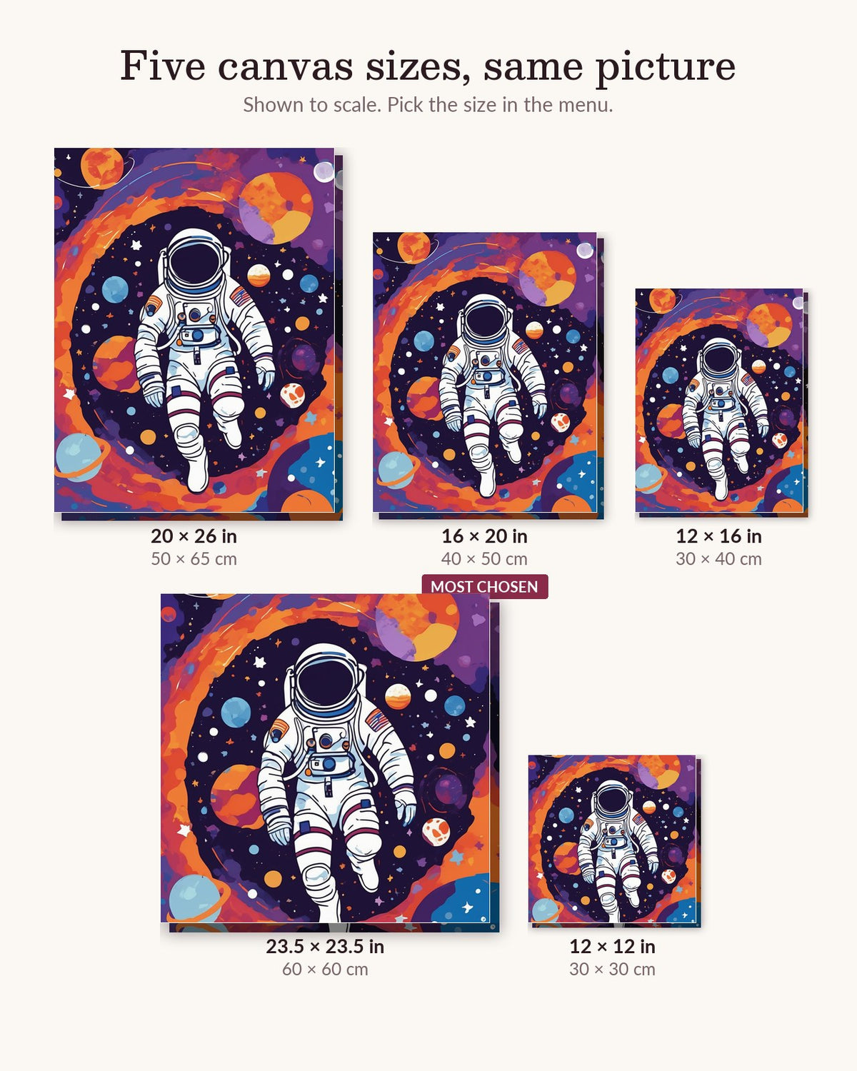 Drifting Astronaut canvas sizes from 12 x 12 to 23.5 x 23.5 inches