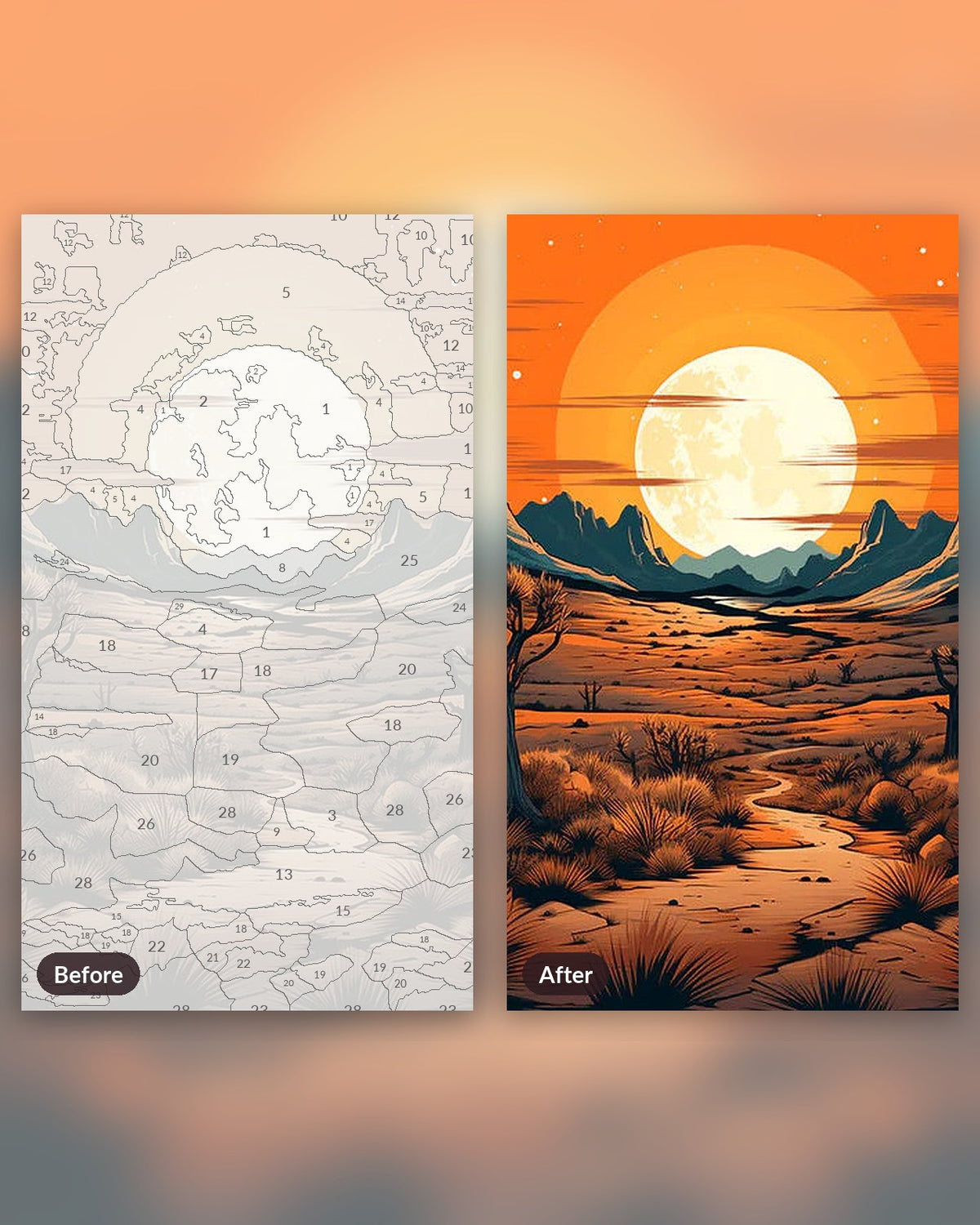 Desert Glow Wander paint by numbers kit, before and after