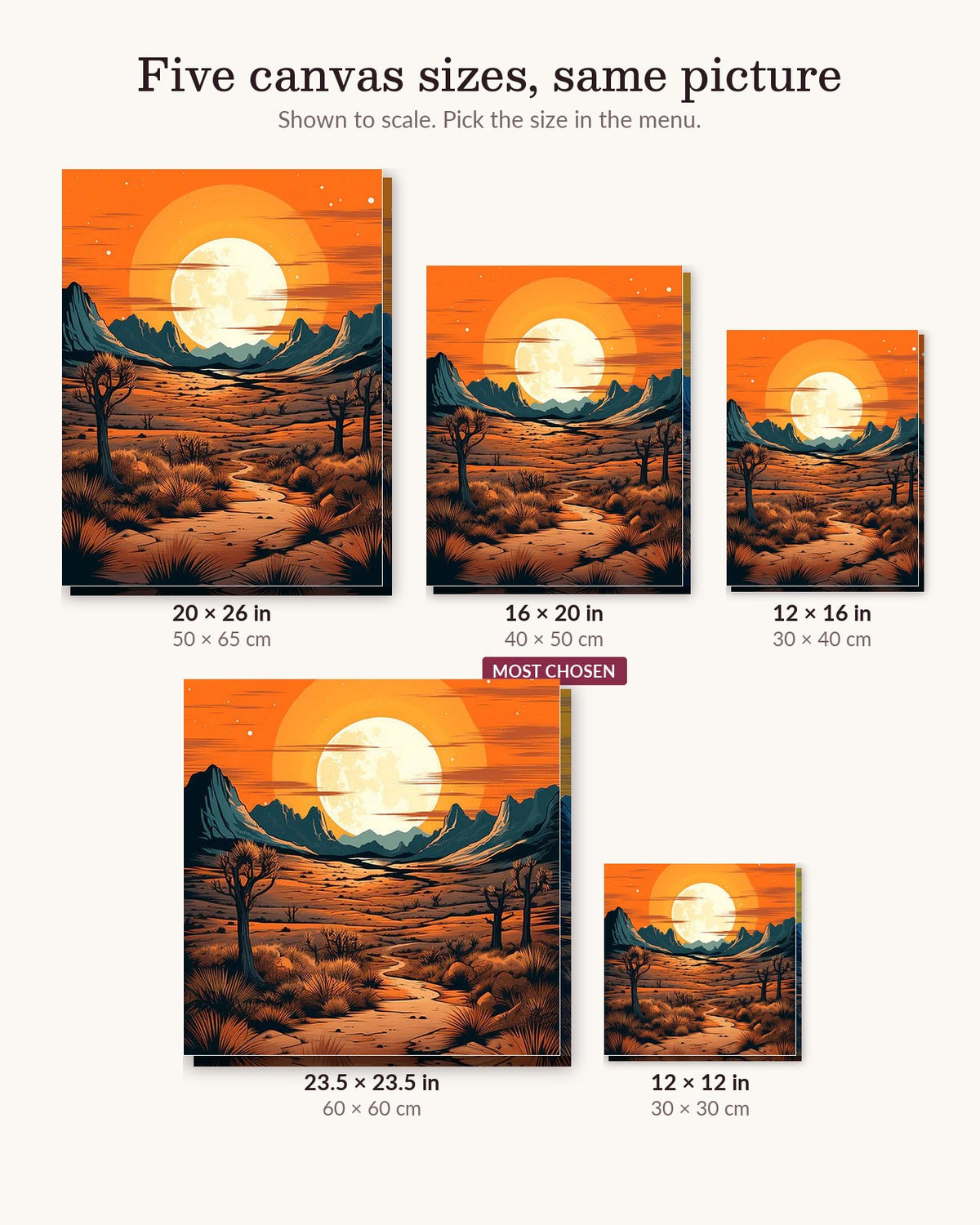 Desert Glow Wander canvas sizes from 12 x 12 to 23.5 x 23.5 inches