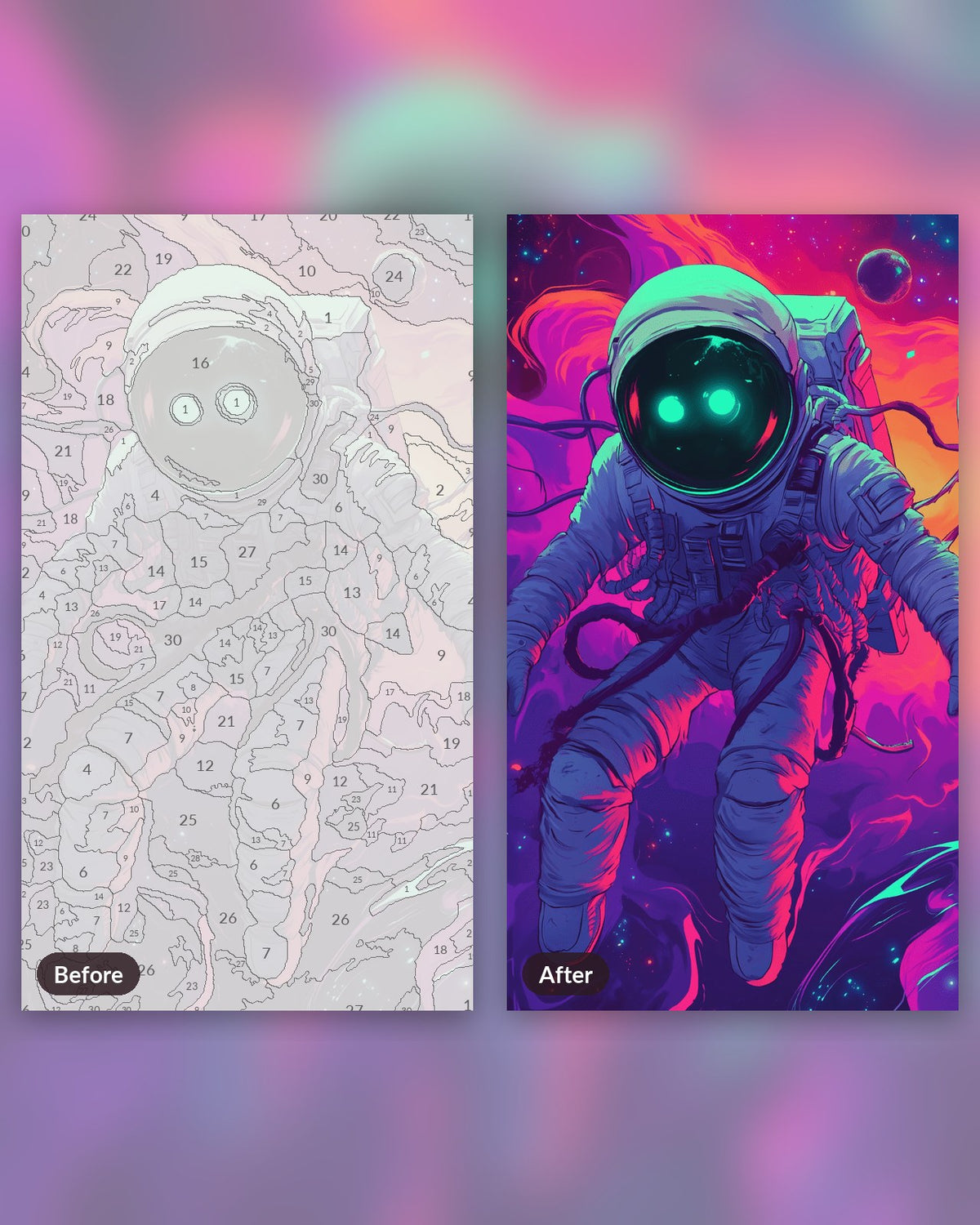 Echoes in the Void paint by numbers kit, before and after