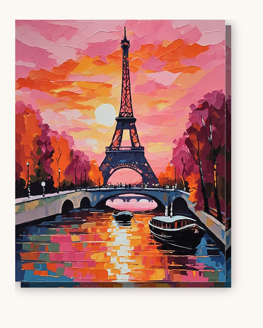 Eiffel Tower at Pink Sunset paint by numbers kit on stretched canvas