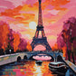 eiffel tower at sunset with a stone bridge, boat and colorful river reflections, paint by numbers kit