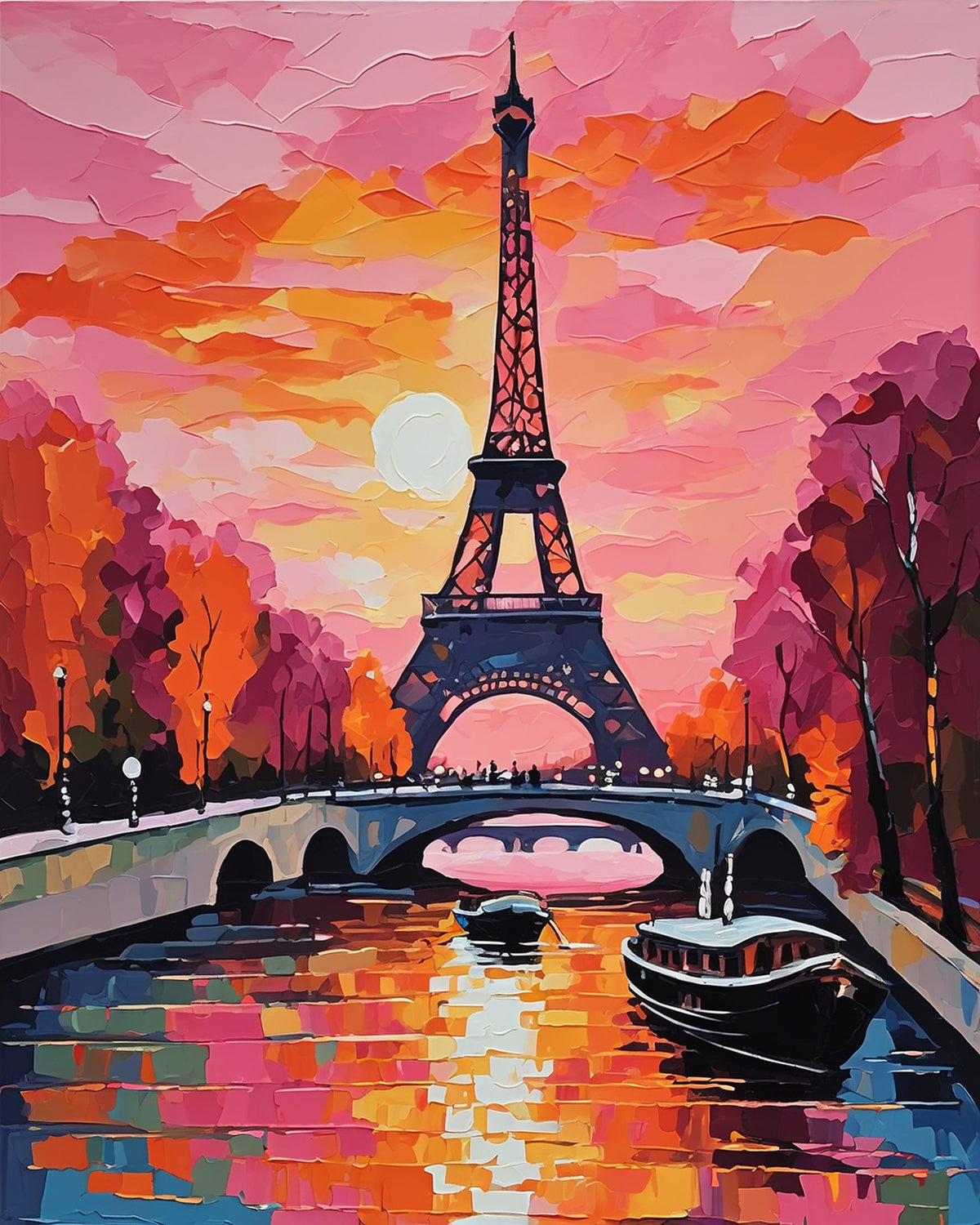 eiffel tower at sunset with a stone bridge, boat and colorful river reflections, paint by numbers kit