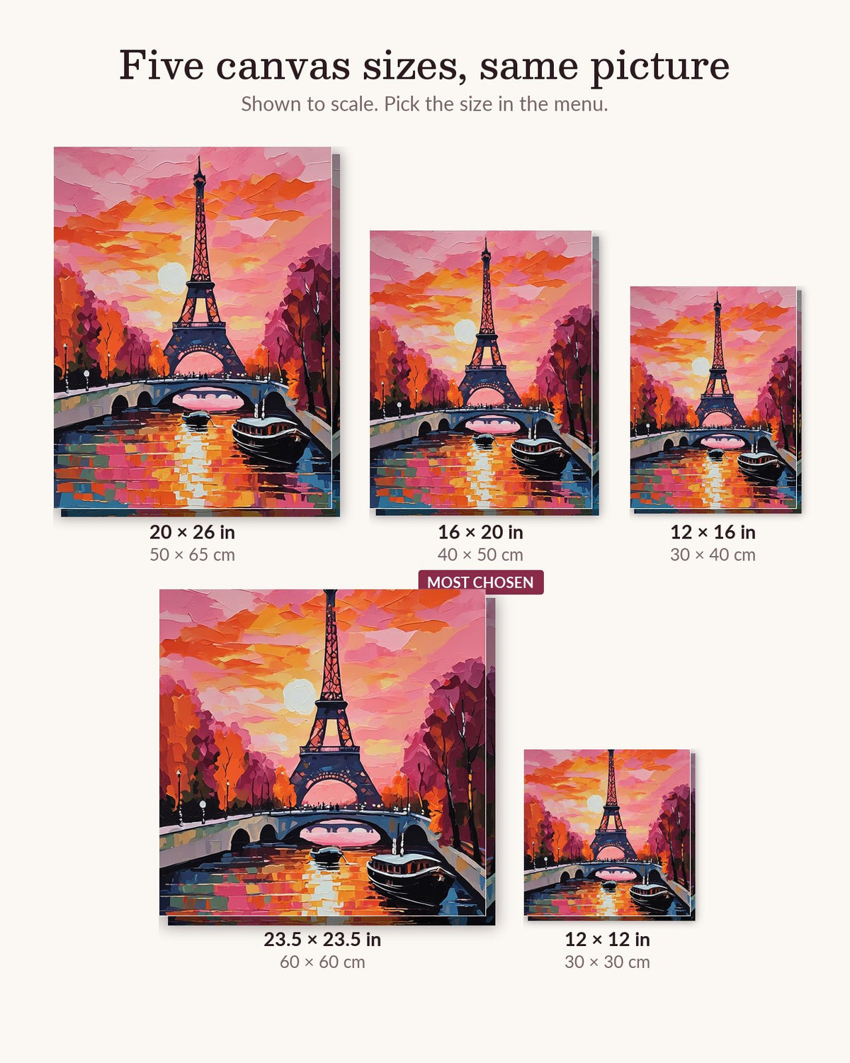 Eiffel Tower at Pink Sunset canvas sizes from 12 x 12 to 23.5 x 23.5 inches
