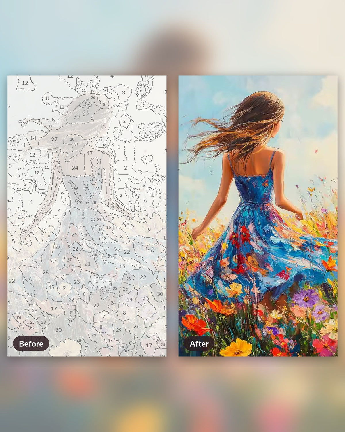 Elegant Lady in Sunlit Bliss paint by numbers kit, before and after