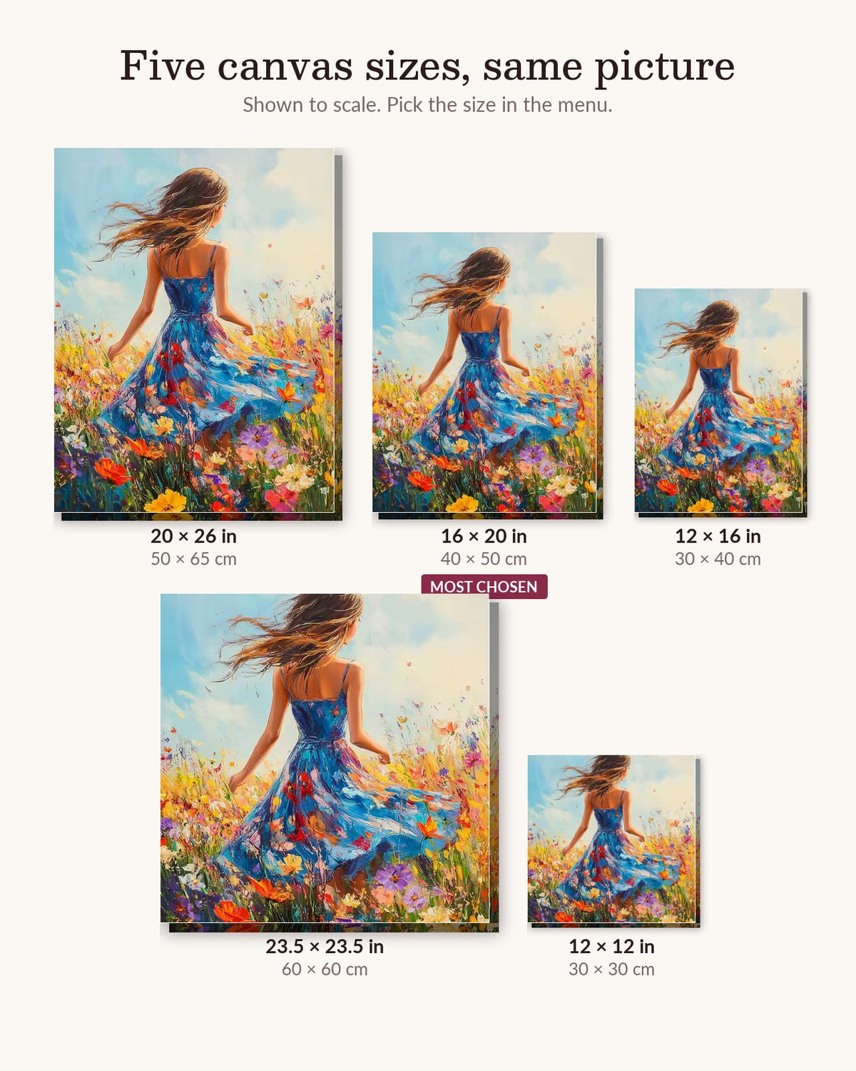 Elegant Lady in Sunlit Bliss canvas sizes from 12 x 12 to 23.5 x 23.5 inches