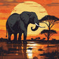 Elephant at Sunset paint by numbers kit, elephant walking across the savanna at sunset