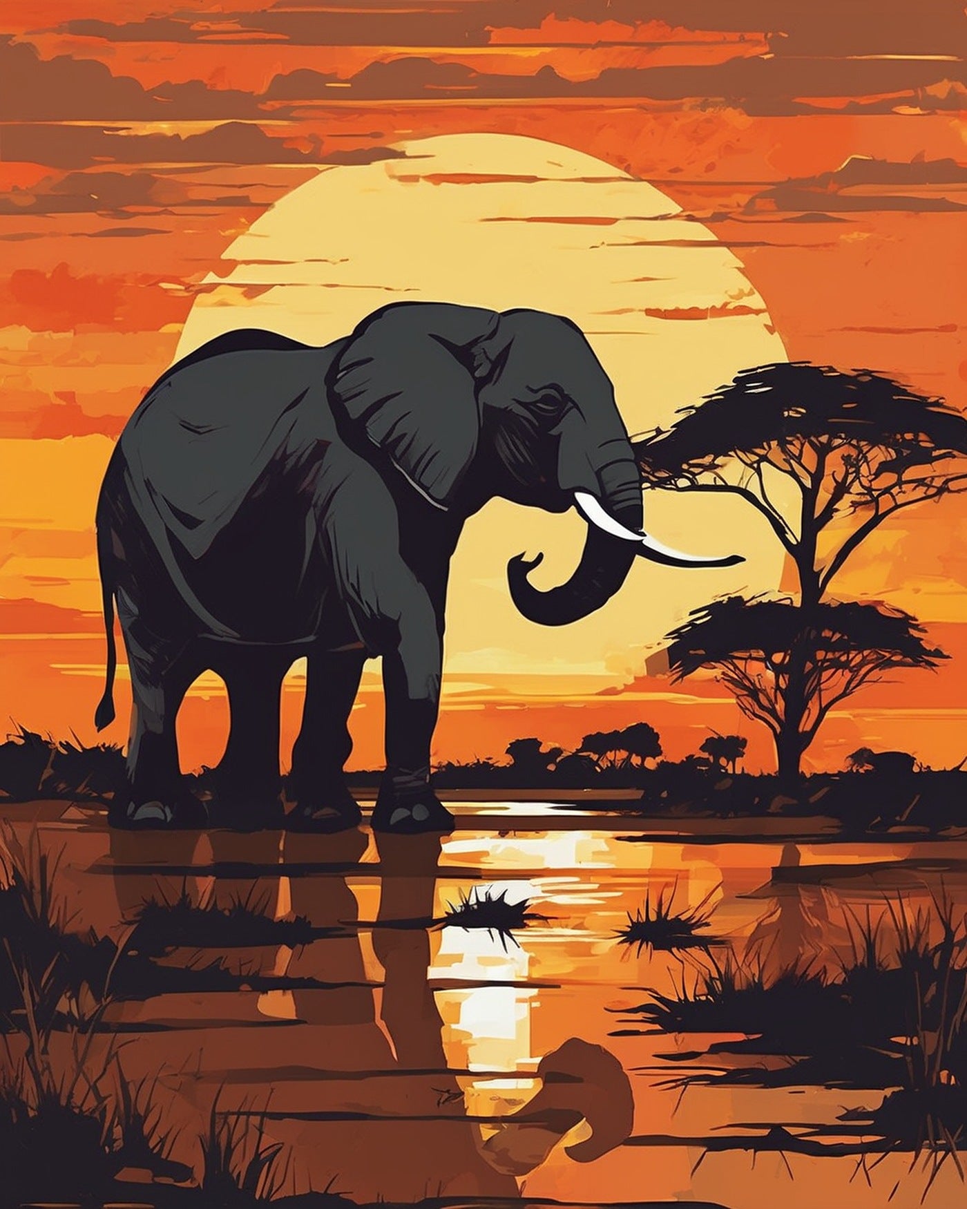 Elephant at Sunset paint by numbers kit, elephant walking across the savanna at sunset