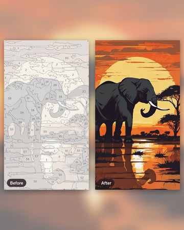 Elephant at Sunset paint by numbers kit, before and after