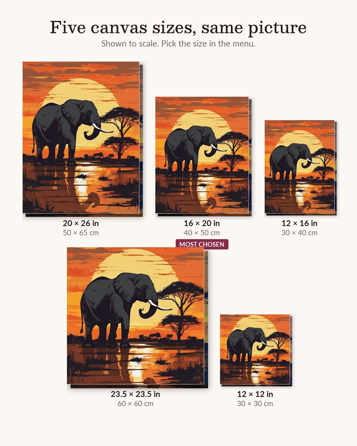 Elephant at Sunset canvas sizes from 12 x 12 to 23.5 x 23.5 inches